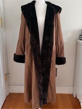 Brown Hooded Long Jacket with Dark Brown Faux Fur Trim